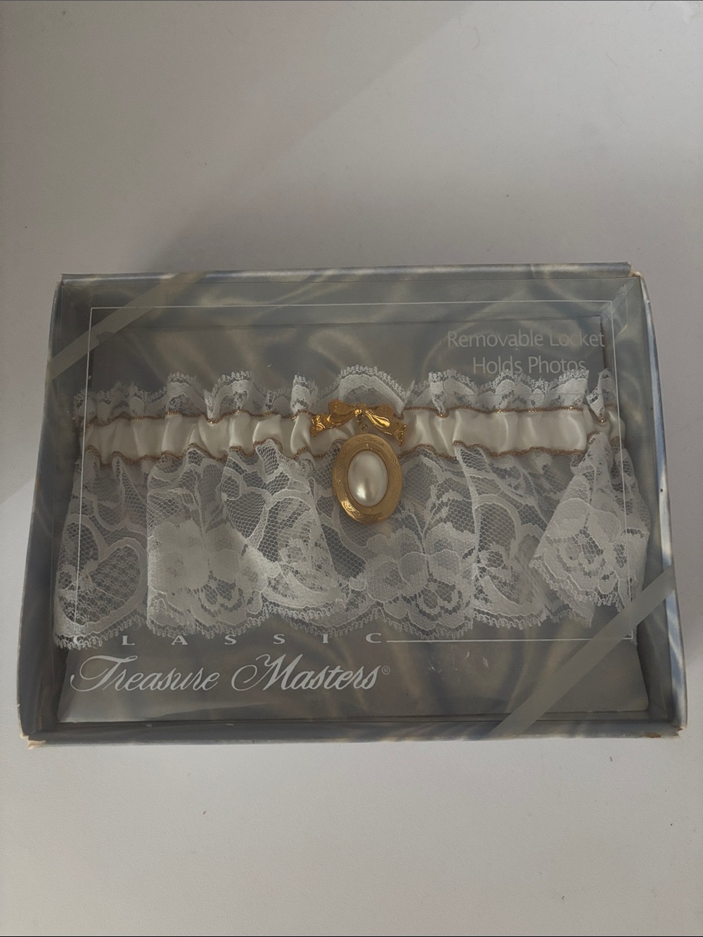 White Lace Garter with Gold Locket Vintage Treasure Masters